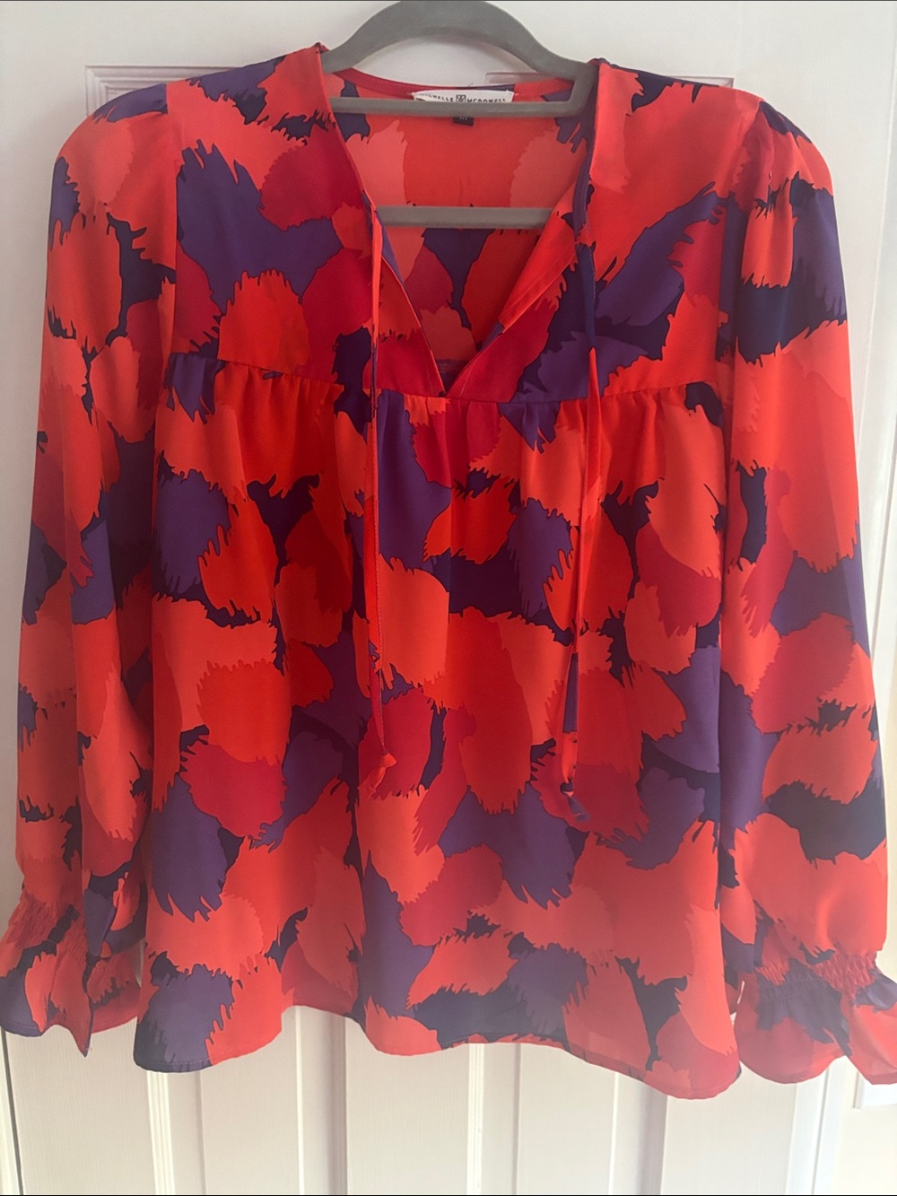 Michelle McDowell Bright Red & Purple Printed Tie-Neck Blouse